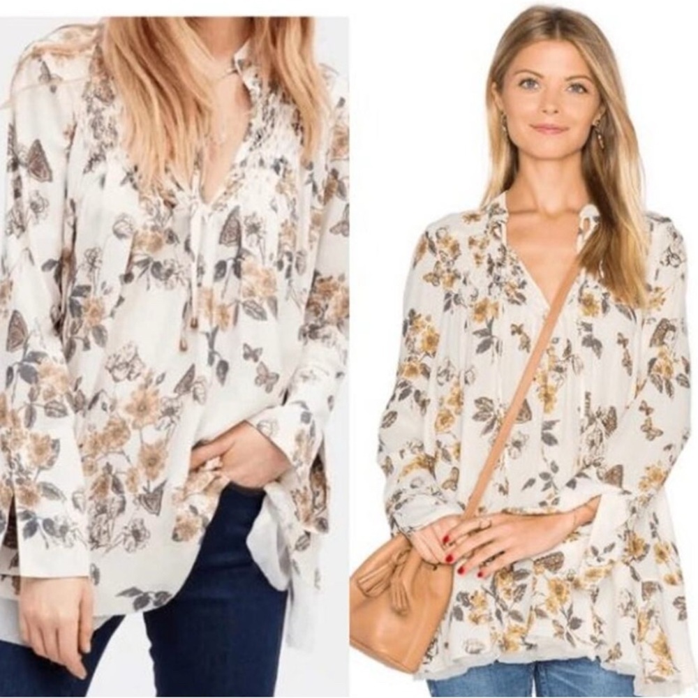 Free People Pebble Crepe So Fine Smocked Tunic Top in Ivory Combo - Small - Picture 6 of 13